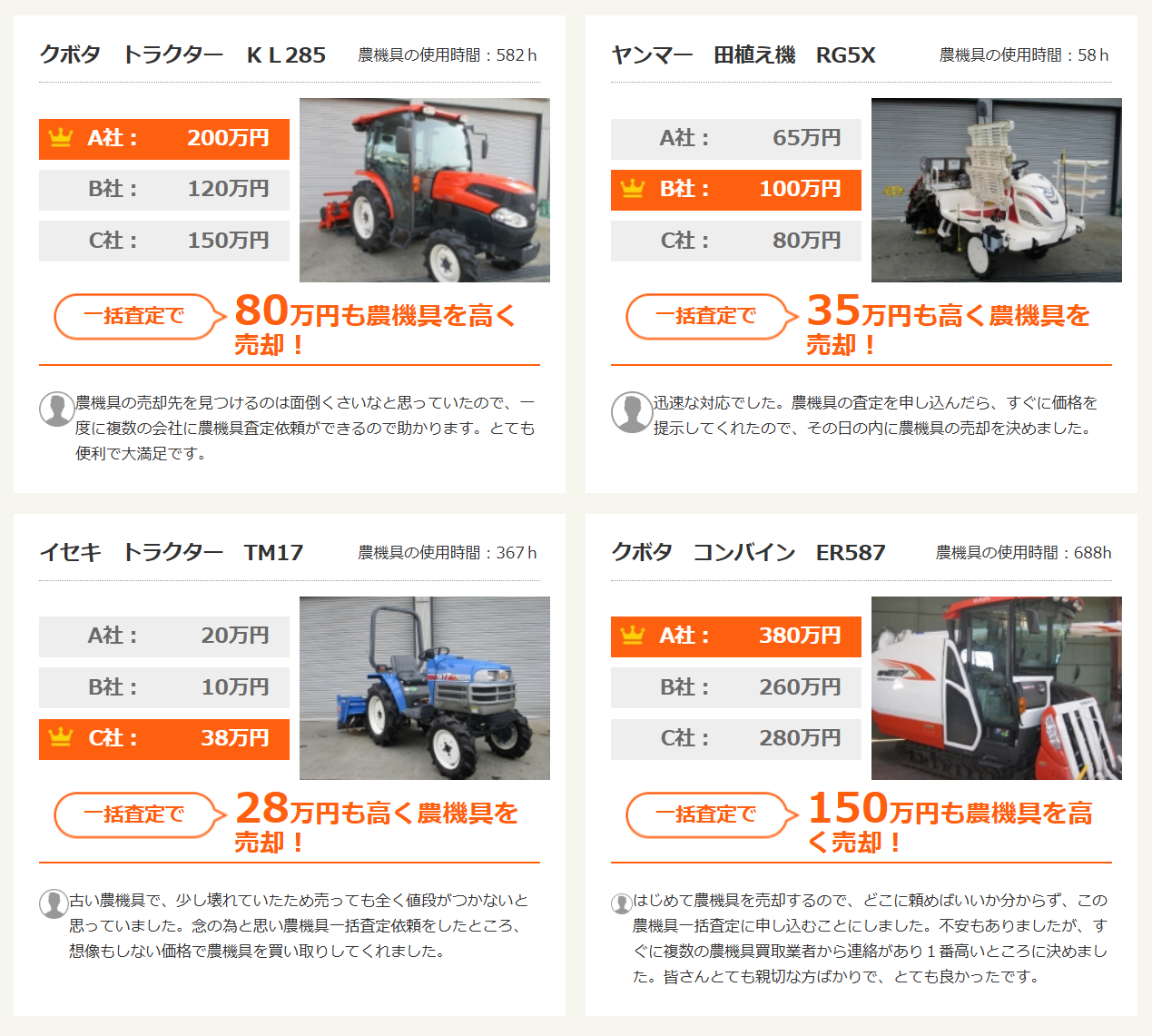 アグリユース公式サイト:農機具の一括査定の買取事例